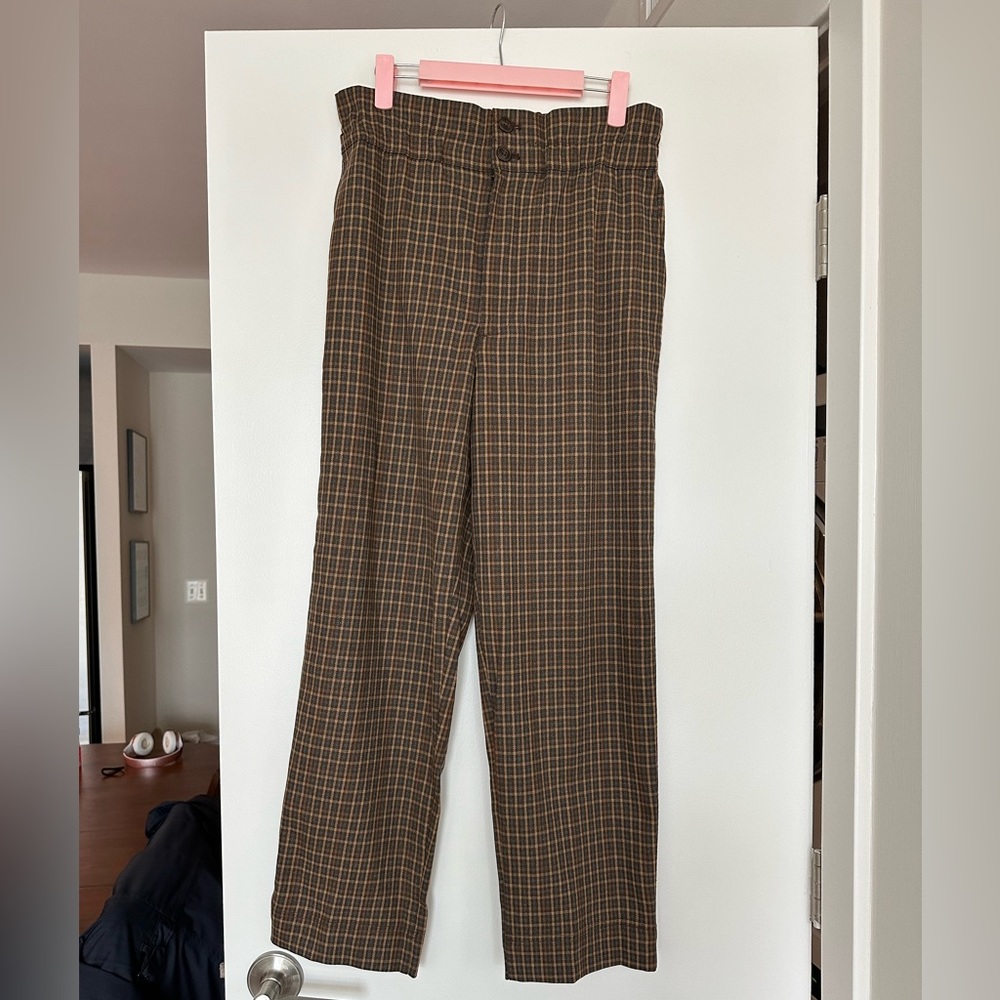 Madewell checkered brown/tan pants with buttons and ruched waist